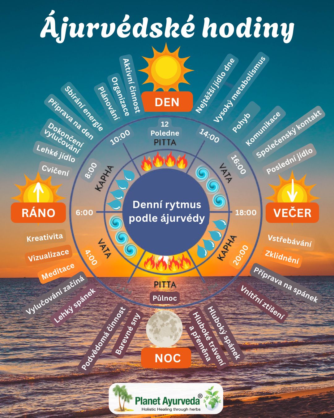 Infografika Ájurvédské hodiny a denní rytmus podle dóš